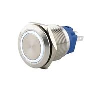 SeKi Interruttore a pressione in acciaio inox, Ø 19 mm, forma piatta a testa piatta, anello LED illuminato in bianco con occhielli di saldatura/connettore piatto 0,5 x 2,8 mm