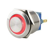 SeKi Interruttore a pressione in acciaio inox, Ø 25 mm, a forma di testa sporgente, anello LED illuminato in rosso, con occhielli per saldatura/connettore piatto 0,5 x 2,8 mm
