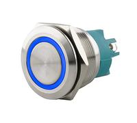 SeKi Interruttore a pressione in acciaio inox, diametro 25 mm, forma piatta a testa piatta, anello LED illuminato in colore blu, attacco a vite