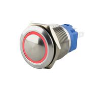 SeKi Pulsante a pressione in acciaio inox, Ø 19 mm, a forma di testa curva, anello LED illuminato in rosso con occhielli di saldatura/connettore piatto 0,5 x 2,8; pulsante campanello