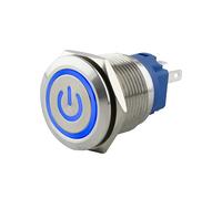 SeKi Pulsante a pressione in acciaio inox, diametro 19 mm, forma piatta a testa piatta, simbolo di potenza illuminato, colore blu, con occhielli per saldatura, connettore piatto 0,5 x 2,8 connettore;