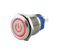SeKi Pulsante a pressione in acciaio inox, diametro 19 mm, forma piatta a testa piatta, simbolo di potenza illuminato, colore rosso, occhielli per saldatura, connettore piatto 0,5 x 2,8 connettore;