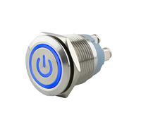SeKi Pulsante a pressione in acciaio inox, diametro 19 mm, forma piatta a testa piatta, simbolo di potenza illuminato in blu, attacco a vite, pulsante campanello