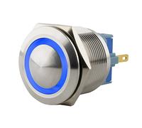SeKi Pulsante a pressione in acciaio inox, diametro 25 mm, testa bombata, anello LED colorato, occhielli per saldare blu, connettore 0,5 x 2,8 mm, pulsante per campanello