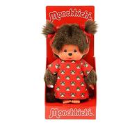 Sekiguchi- Original Monchhichi Mädchen 221295-Originale Ragazza, Figura Abito Monchichi e Fiocchi, Alta Circa 20 cm in Peluche Marrone, Cartoni, Colore Rosso, 0, 221295