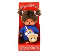 Sekiguchi 233724-Originale Bambina Monchhichi, Maglietta Arcobaleno Fiocchi, Alto Circa 20 cm in Peluche Marrone, Colore Borsa Messenger, 233724