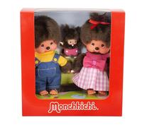 Sekiguchi 254870 - Set Originale Monchhichi: Bambina con Vestito e Fiocco, Bambino con Salopette e Bebè con Pannolino, Alto Circa 20 cm in Peluche Marrone