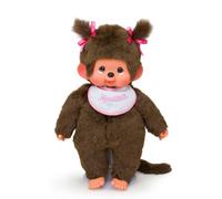 Sekiguchi 255530 - Peluche originale Monchhichi Girl con bavaglino bianco/rosa e trecce con fiocchi, circa 45 cm, colore: Marrone