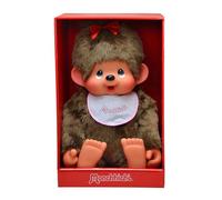 Sekiguchi 255630 - Monchhichi Originale, Bambola di Peluche con Bavaglino Bianco e Rosa e Fiocco Rosso tra i Capelli, Peluche di Circa 80 cm in Peluche Marrone
