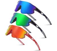 SEKKAF Occhiali da sole da baseball per ragazzi ragazze adolescenti softball ciclismo sport protezione UV400 età 5-12 anni, Confezione da 3 pezzi, nero, blu, nero, verde e rosso, 63 Millimeters