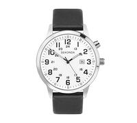 Sekonda Easy Reader - Orologio al quarzo da uomo, 46 mm, con display analogico della data e cinturino in pelle nera, Argento