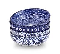 Selamica Set di 4 ciotole per pasta in ceramica da 850 g, 20,3 cm, larghe e poco profonde, adatte al microonde, lavabili in lavastoviglie, blu vintage