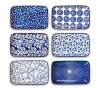 Selamica Set di 6 piatti da insalata rettangolari in ceramica, 24 cm, piatti piani, pasta, dessert, piatti da portata e vassoi per antipasti, sushi, frutta, set di 6, blu vintage