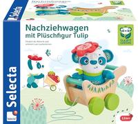 Selecta Tulips Garden 62088 - Carrello da traino con peluche Tulip, giocattolo scorrevole e retrattile in legno, 21 cm