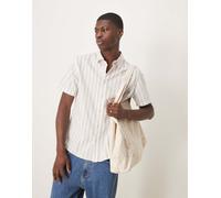 Selected - Camicia a maniche corte in misto lino color crema a righe-Bianco S