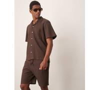 Selected - Camicia marrone lavorata a nido d'ape con rever in coordinato L