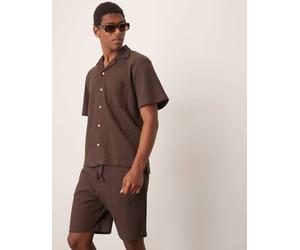 Selected - Camicia marrone lavorata a nido d'ape con rever in coordinato S