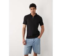 Selected - Camicia nera a coste con colletto stile polo e zip corta-Nero L