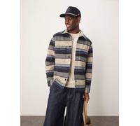 Selected Homme - Camicia giacca oversize color crema e blu navy a righe con tasche-Multicolore S