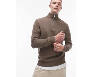 Selected - Maglione color cuoio 100% cotone con zip corta-Marrone XXL