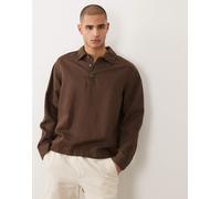 Selected - Polo a maniche lunghe in misto lino marrone XL