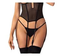 Selente Love & Fun Provocante Completo Intimo a 3 Pezzi: Guepiere, Tanga e Benda per Occhi in Raso. Made in EU. Per Donne Audaci, Europee. Donna. Nero