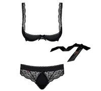 Selente Love & Fun Sensuale Completo Intimo a 3 Pezzi Composto da Reggiseno, Tanga ed Esclusiva Benda per Occhi in Raso. Made in EU. (L/XL, Nero minicoppa)