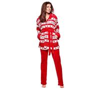 Selente Sweet Dreams Soffice completo donna per casa in caldo pile: vestaglia con tasche, cappuccio, cintura e pantaloni, rosso neve, L