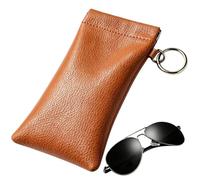 Self-Closing Soft Leather Sunglasses Pouch - Squeeze Top Eyewear Case | 3.7 | Portable Litchi Texture PU Leather Glasses Storage Bag With Automatic Spring Clip & Metal Ring, Anti-Scratch Eyewear Sleeve F