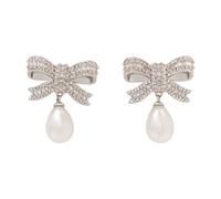 Self Portrait - Crystal Bow Pearl Droplet Earrings - - Accessories - Donna - Grigio - ONE SIZE