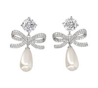 Self Portrait - Crystal Bow Pearl Earrings - - Accessories - Donna - Grigio - ONE SIZE