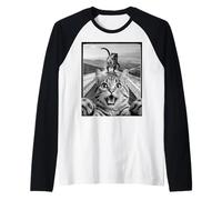 Selfie di Gatto con Dinosauro T-Rex Divertente Gatto Maglia con Maniche Raglan