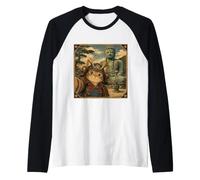 Selfie di Gatto Samurai col Buddha di Kamakura Ukiyo-e Maglia con Maniche Raglan