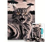 Selfie di gatto scioccato con UFO alieno Puzzle da 1000 pezzi per adolescenti Miglioramento della memoria Rilassante Divertimento Taglio netto Pezzo da collezione artistico 38x26cm