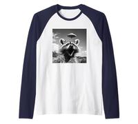 Selfie Divertente di Procione Grafico con UFO Strano Animale Maglia con Maniche Raglan
