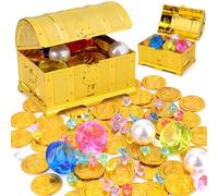 SelfTek 106 Pezzi Scrigno del Tesoro dei Pirati, 50 Monete Finte in Plastica, Tesoro Pirata Monete D'oro, Caccia Al Tesoro per Feste Compleanno