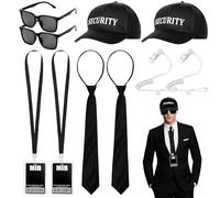 SelfTek Accessori per Costume da Uomo in Nero - 10PCS Accessori per Costume da Agente con Cappello di SICUREZZA Nero Occhiali da Sole Carta d'Identità Cravatta Cuffie per Festa in Costume di Carnevale