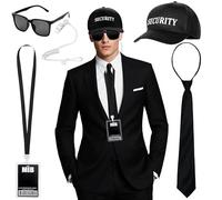 SelfTek Accessori per Costume da Uomo in Nero - 5 Pezzi, Set di Accessori per Costume Agente Segreto con Cappello SECURITY Nero, Occhiali da Sole, Carta d'Identità, Cravatta, Cuffie per Halloween