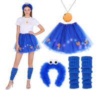 SelfTek Costume da Cookie Monster per Donne, Fascia da Cookie Cookie Monster Fascia per Capelli Tutu Gonna Collana Polsini per Gambe Cookie Monster Costume Accessori per Carnevale Halloween Cosplay
