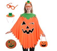 SelfTek Costume da Zucca da Donna - 4 Pezzi Costume di Halloween per Adulti, con Mantello a Zucca, Occhiali, Fascia per Capelli e Sacchetto di Caramelle, Travestimenti Halloween Donna