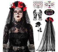 SelfTek Costume di Halloween Dia De Los Muertos Costume da donna Giornata dei morti cerchietto per capelli e Halloween, tatuaggi per il viso di Halloween, costume da donna