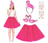 SelfTek Costume Fenicottero Donna, 4 Pezzi Kit Completo con Tutù in Tulle Rosa, Accessorio Fenicottero, Occhiali Fenicottero, Capelli, Fenicotteri Costume Ideale per Carnevale, Feste a Tema, Hawaiano