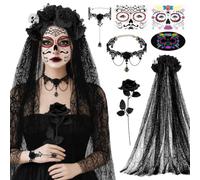 SelfTek Dia De Los Muertos - Costume da donna per Halloween e Carnevale | Costume di Halloween da donna con cerchietto e tatuaggi per il viso del giorno dei morti, accessorio per capelli