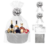 SelfTek Kit Cesto Regalo Hamper, Cesto in Corda Grigia con Sacchetti di Cellophane, Rafia e Fiocchi a Tirare Cesti Portaoggetti Intrecciati Vuoto Cesto Regalo per Doccia, Matrimonio, Compleanno, 33 x