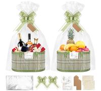 SelfTek Set di 2 Cesti Vuoti per Regali, in Bambù Verde, Kit Cesti Regalo Robusti con Sacchetti Avvolgenti, Rafia, Fiocchi, Biglietti di Auguri, Cestis per Realizzare, Compleanno