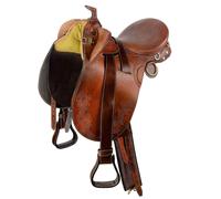 Sella australiana con pomolo in cuoio liscio completo di staffe, staffili, sassi