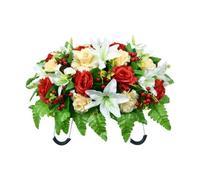 Sella Floreale Cimitero Seta UV 50x30cm Anti-Vento(Red White Yellow) | Gigli, , garofani realistici; vivaci l'anno; per ideale per Memorial Day, Natale