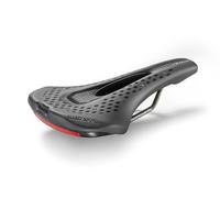 Sella Montegrappa Menador Air Flow in Eco Pelle da Bici per Uso Racing Ebike Mtb Gravel Enduro Imbottitura in Memory Foam con Dispositivo di Sicurezza per Visibilità Notturna (Nero/Silver)