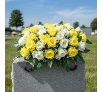 Sella per fiori per lapide, fiori artificiali per lapide con 34 rose realistiche per la decorazione della tomba, composizione floreale commemorativa regolabile e di lunga durata, , selle per tom