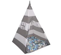 Selonis Tenda Indiana Tipi Gioco Per Bambini Con 100 Palline Colorate, Righe Grigio-Bianco:Perla/Grigio/Trasp/Azzur/Menta
